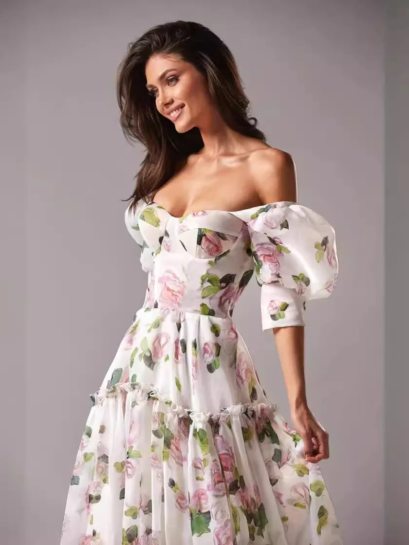 Elegante floral impressão vestidos de festa à noite feminino encantador a linha fora do ombro barco pescoço solto manga curta vestidos de baile robe vestido