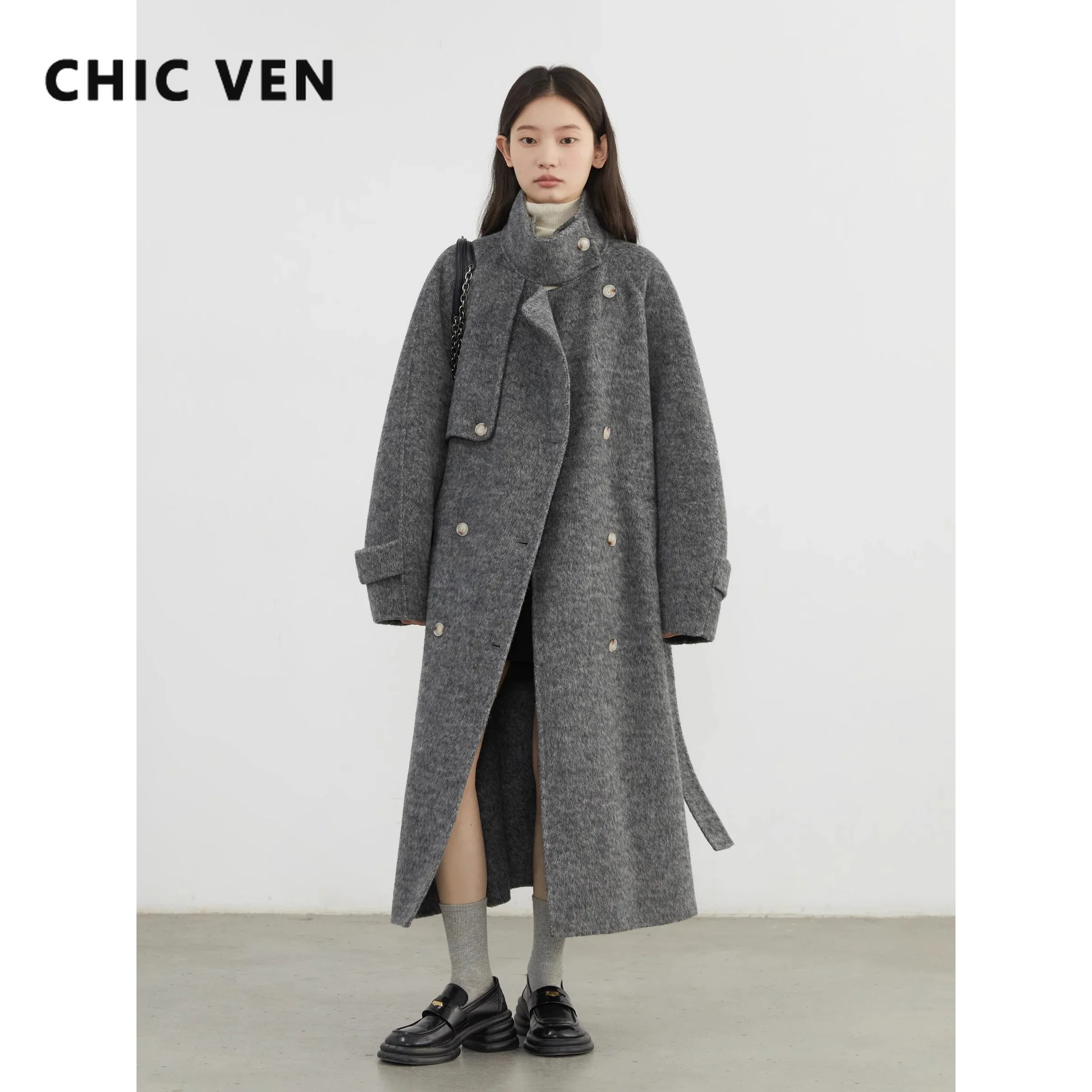 CHIC VEN Women Woolen Coats Loose Stand Collar Double-sided Overcoat Female Outerwear Office Ladies Clothing Autumn Winter 2024