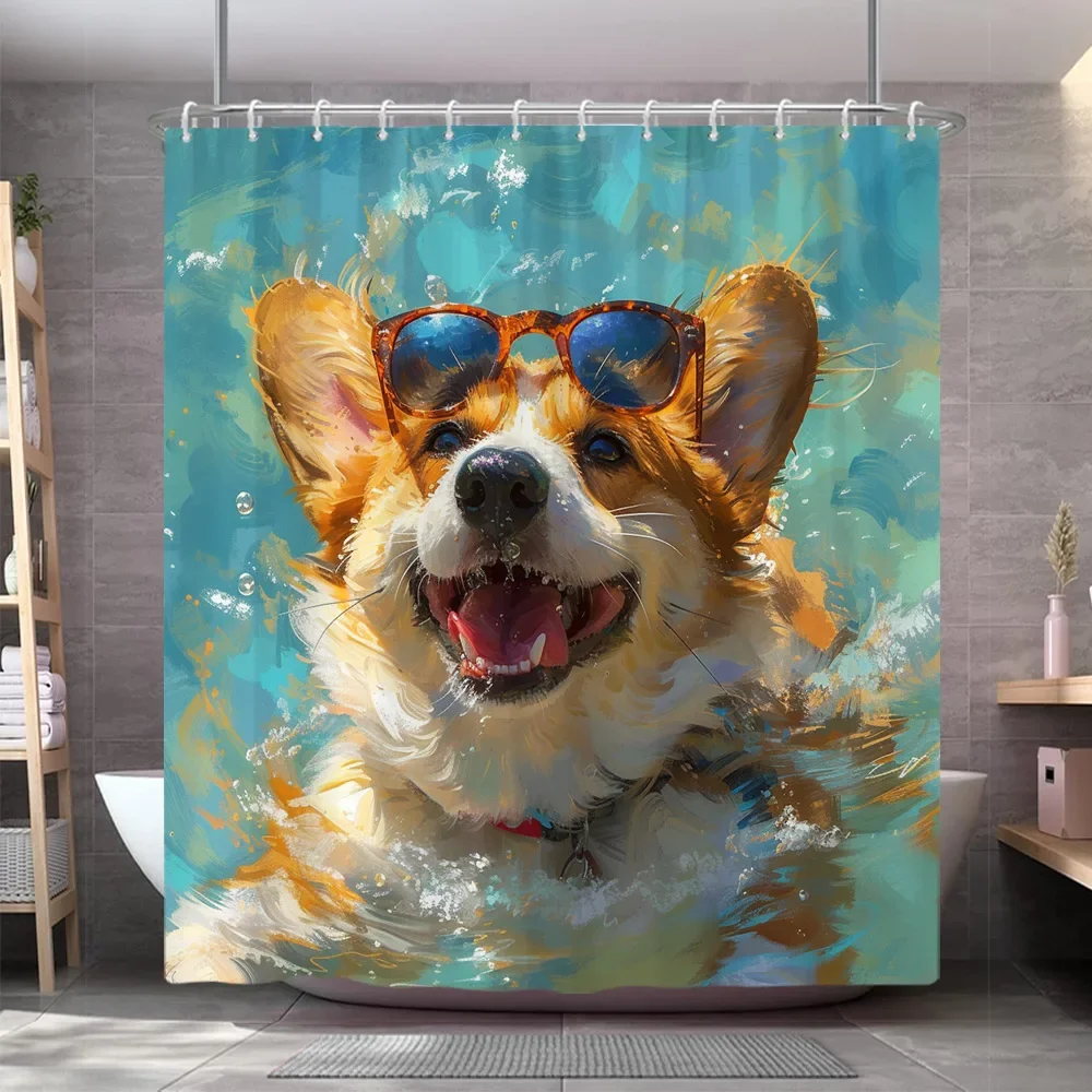 Funny Dog Shower Curtain Popular Cute Pet Oil Painting Art Creation Polyester Fabric Shower Curtains Bathroom Decor With Hooks