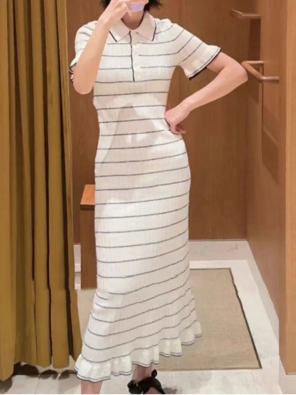 

Ele Striped Color Blo Long Knitted Dr Slim Fit Turn-down Collar Spring Summer Quali S Home Faion A-Line Skirt