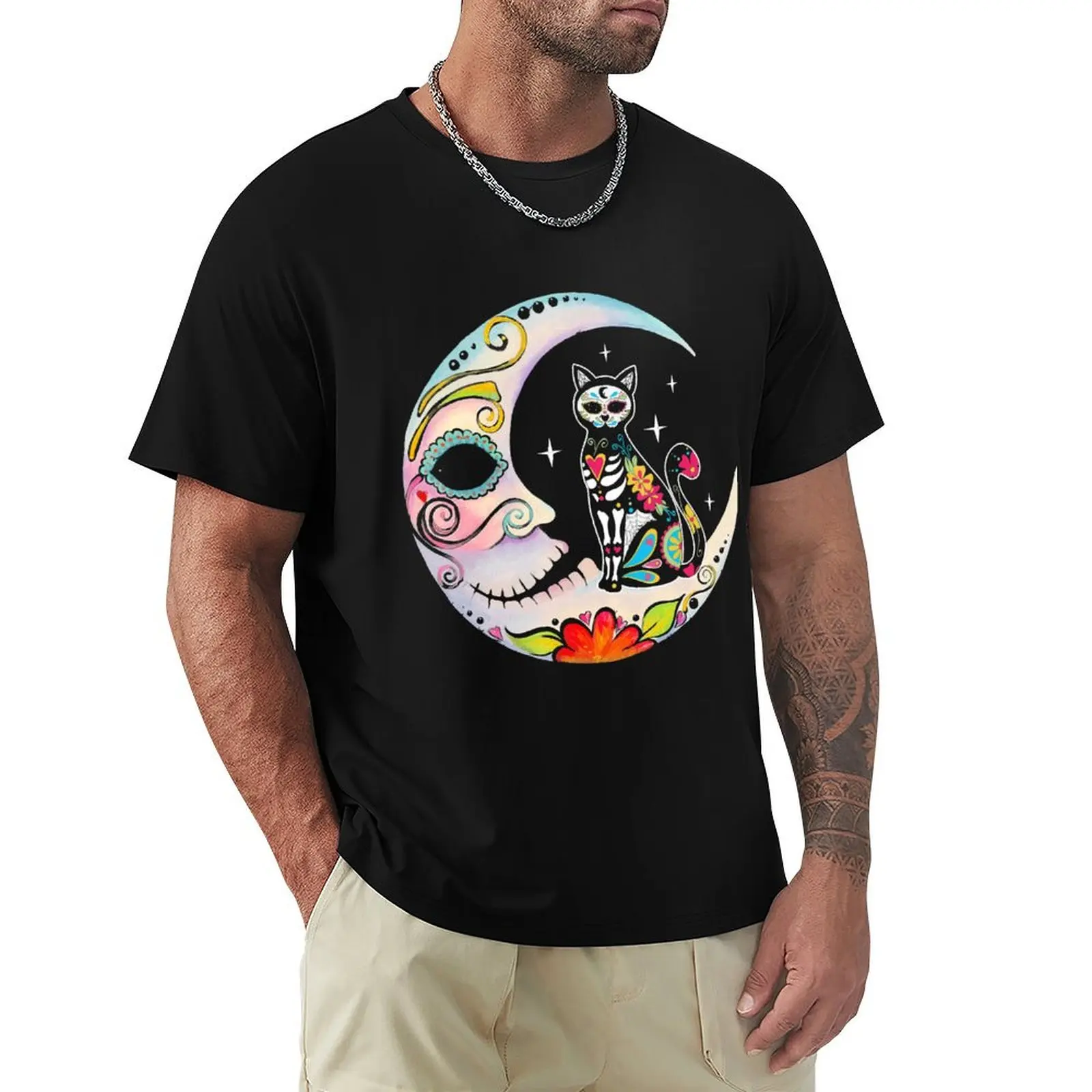 Cat Moon Sugar Skull Dia de Los Muertos Day of The Dead T-Shirt t shirts with prints T-Shirt