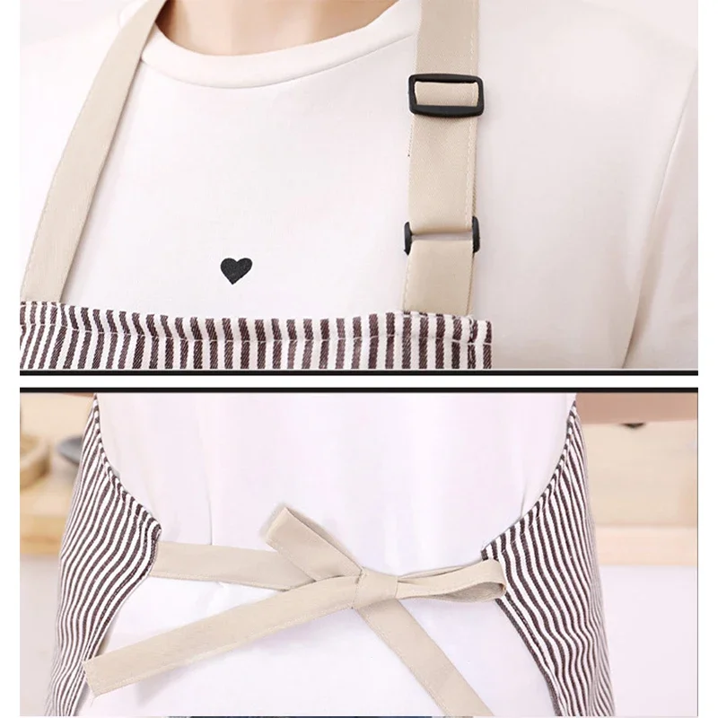 Striped Chef Cooking Apron Cotton Linen Halterneck Apron with 2 Pockets Men Woman Restaurant Kitchen Baking Work Apron