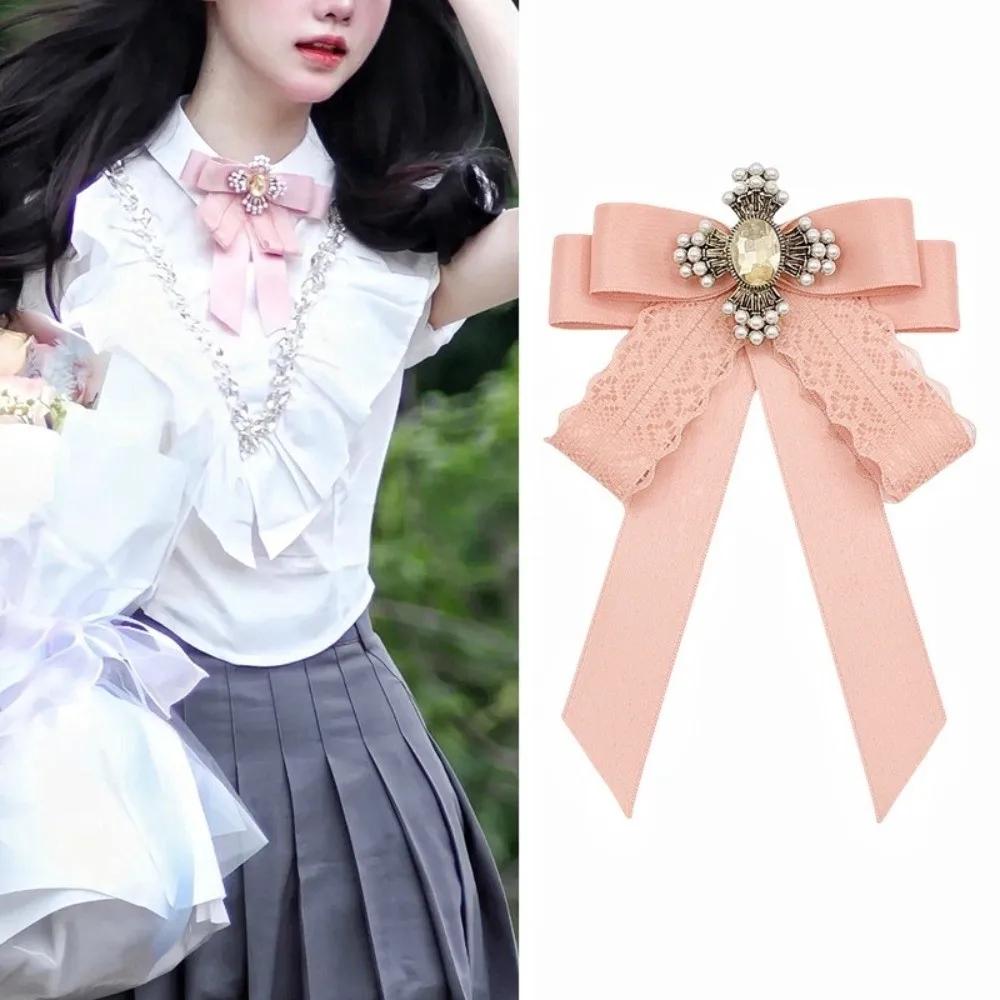 حجر الراين كريستال الشريط القوس بروش البوليستر خمر النسيج Bowknot بروش تذكارية قميص أسود طوق دبوس #4