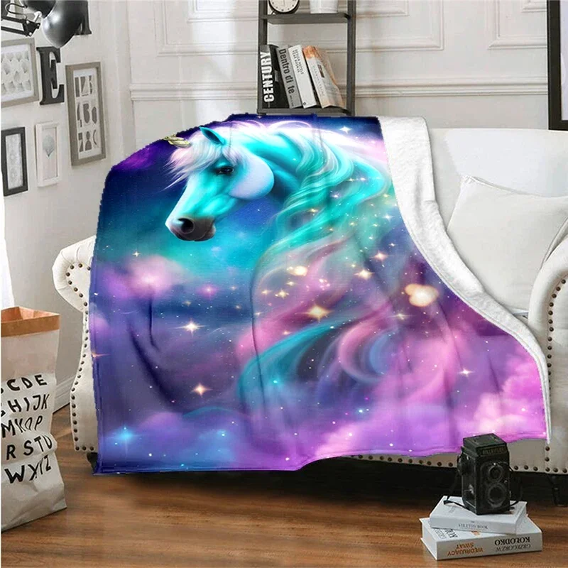 

3D Dream Unicorn Printed Flannel Blanket Set, Family Living Room Bedroom Bed Sofa Outdoor Sports Warm Blanket