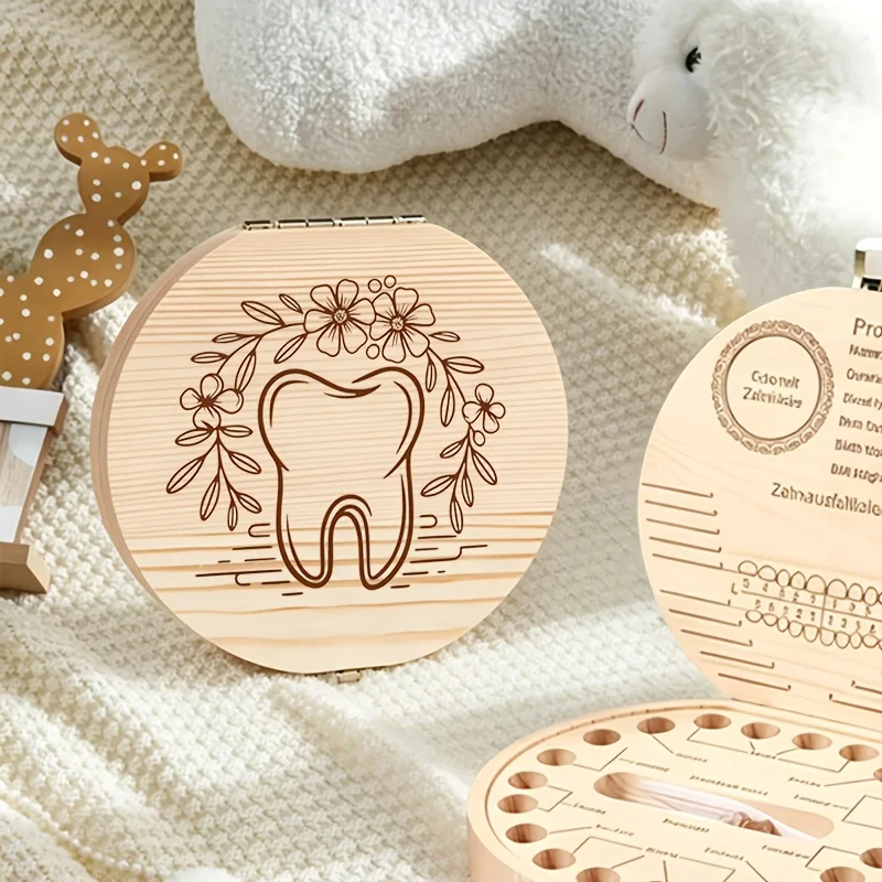 2D Wooden Tooth Keepsake Box Commemorative Storage Teeth Hair Birth Souvenir Birthday Halloween Christmas Gift Home Decor