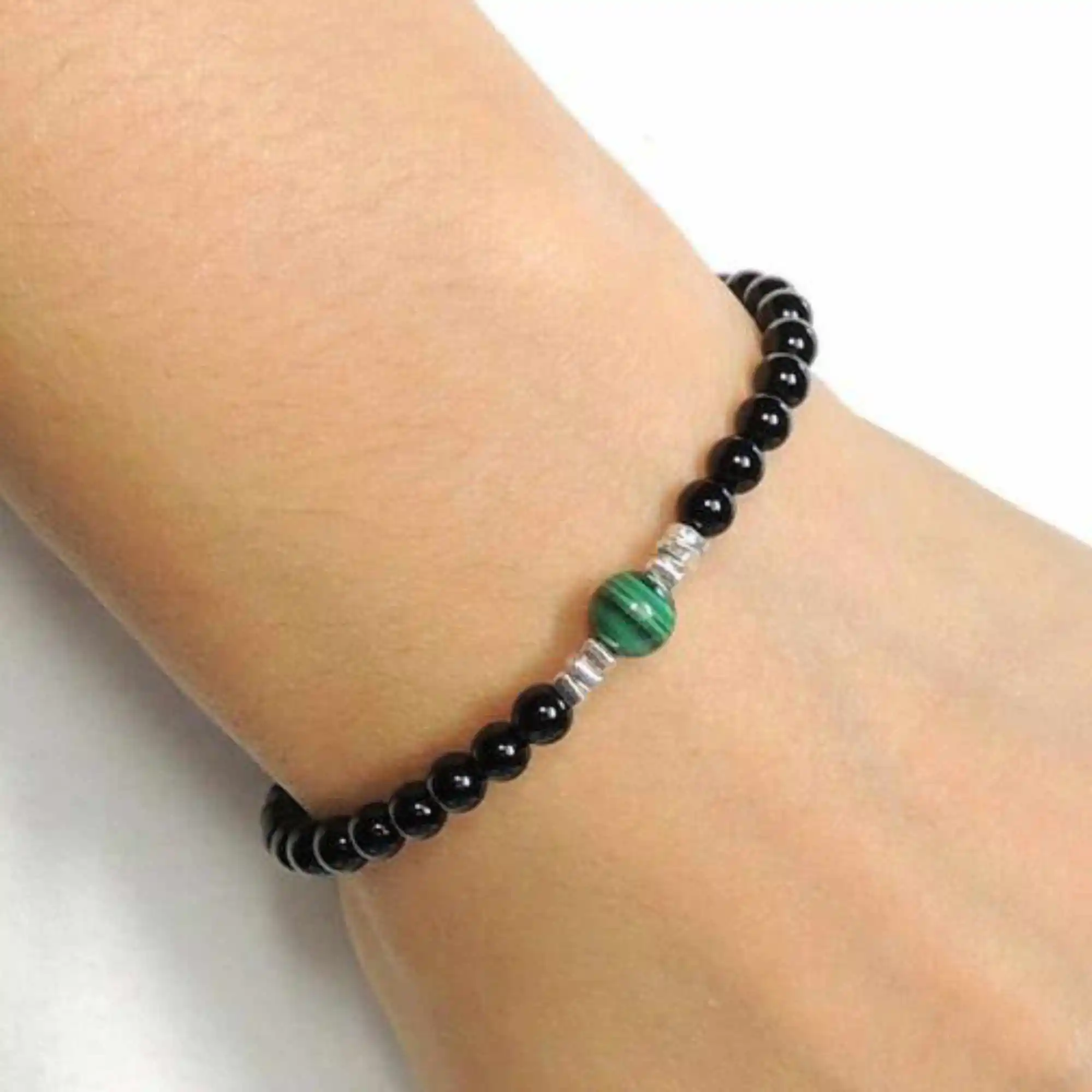 4mm Healing Gemstone Bracelets Malachite Black Onyx 925 Silver Karma Charm Artisan Eco-Friendly Prayer