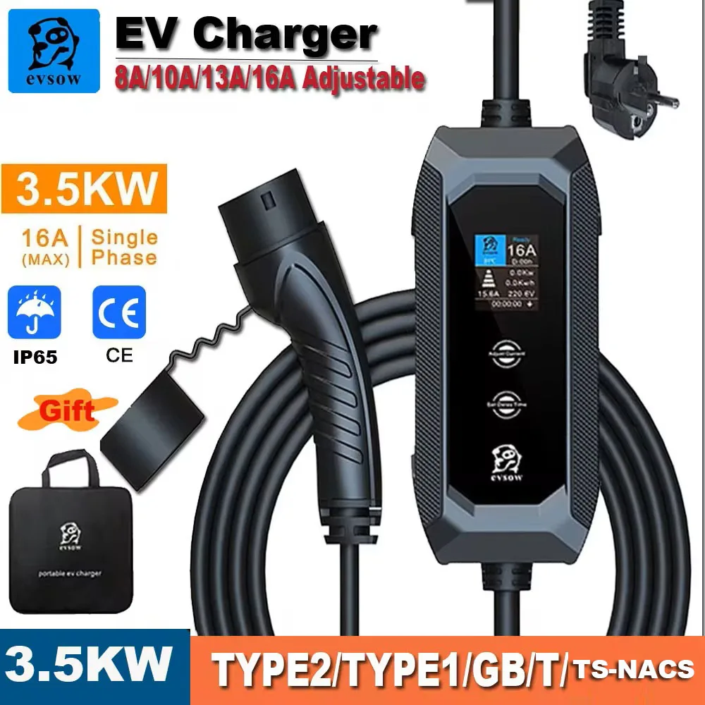 Cargador Evsow EV 3,5 kW 16A cargador de coche eléctrico portátil para GBT tipo 1 tipo 2 estación de carga EV Wallbox EVSE Cable de carga EV