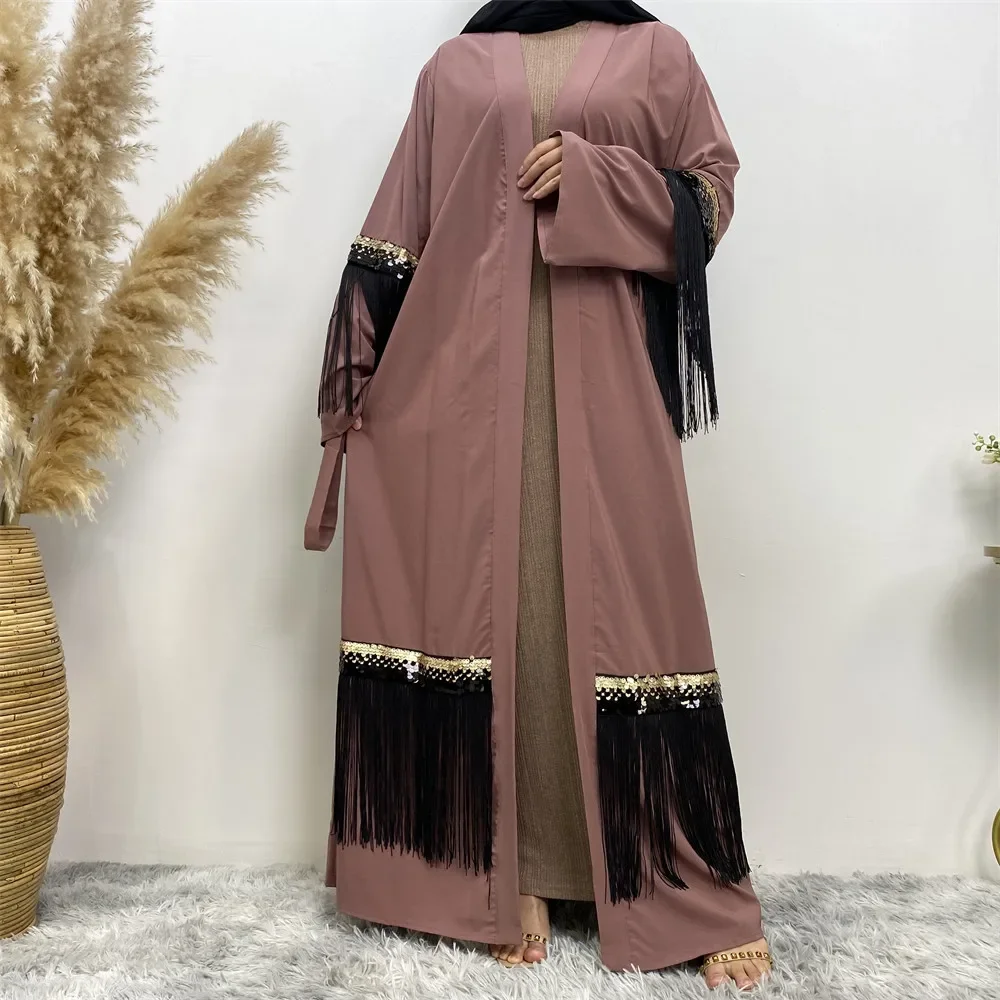 

2023 Sequined Tassel Robe Abaya Dubai Turkey Middle East Femme Cardigan Robe Muslim Abayas for Women Loose African Lace-up Dress