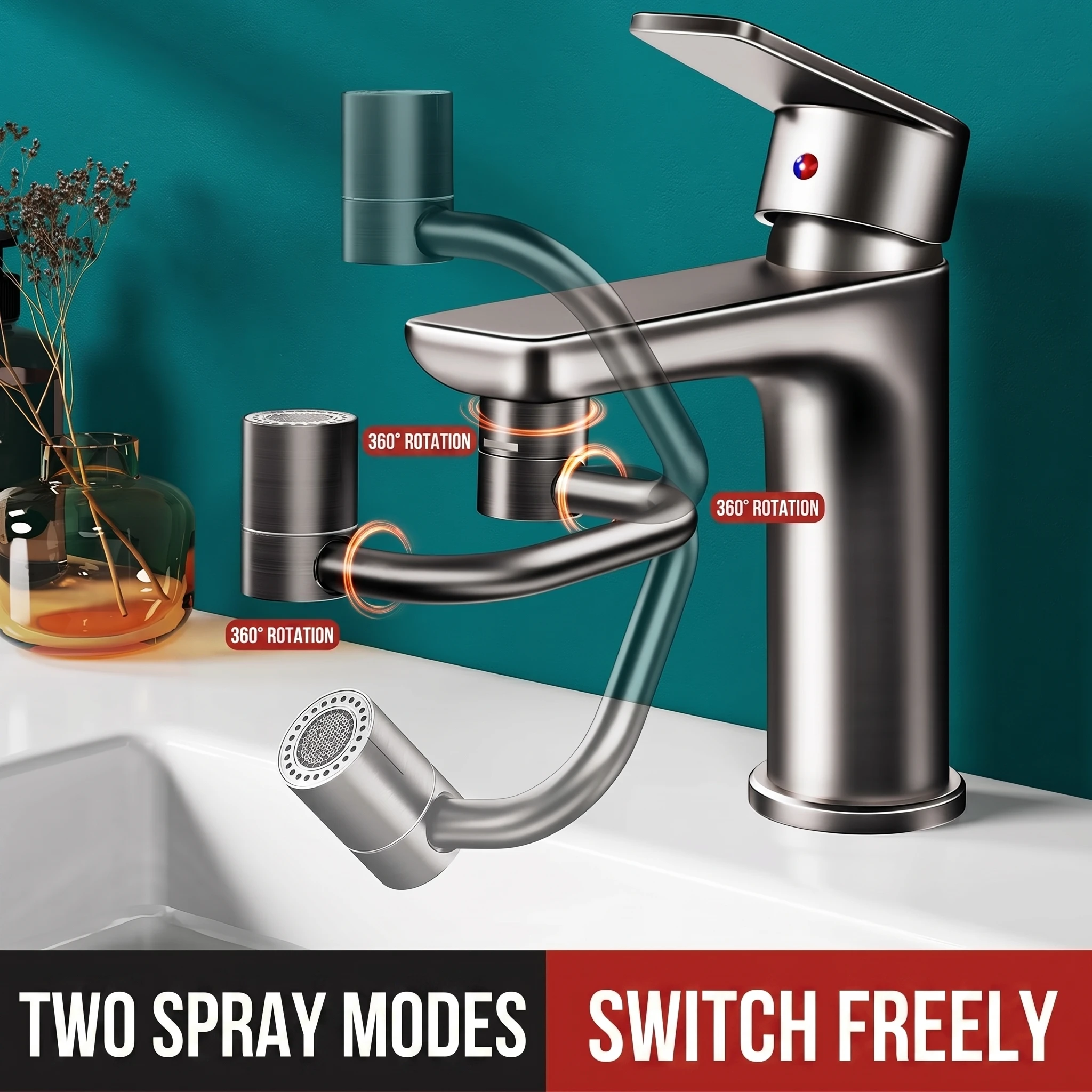 Universal 1080° Swivel Robotic Arm Faucet Aerator, Brass Splash Filter Extension for Basin & Kitchen, 2 Water Modes Dual Thread