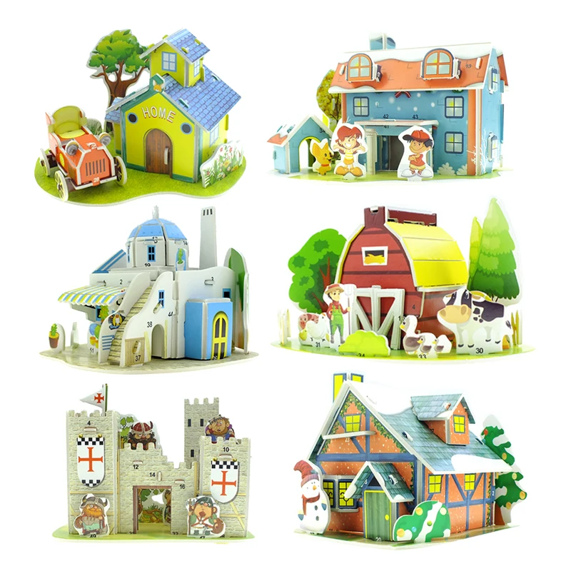 Mainan Puzzle anak Diy buatan tangan blok bangunan 3d teka-teki Stereo rumah kartun Eropa Villa kebun binatang Model Puzzle hadiah p323