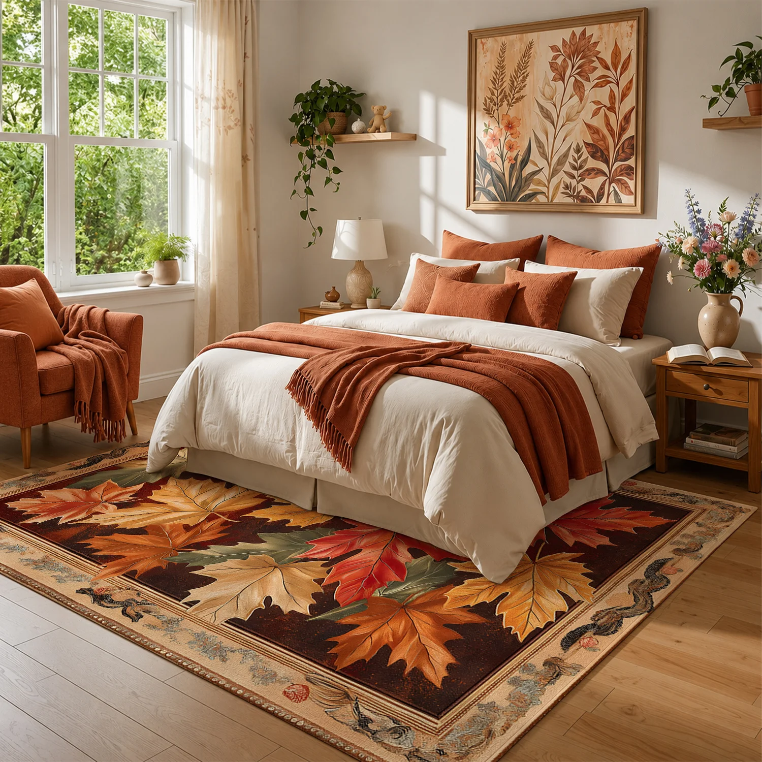 Large Indoor Area Rug Soft Velvet Low Pile Non-Slip Dotted Backing Machine Washable, Autumn Maple Leaves Pattern in Warm Red Gold Green Tones, Great for Living Room Bedroom Entryway Home Decor