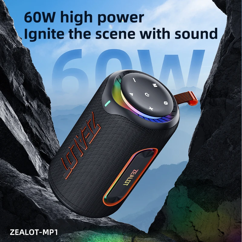 ZEALOT-MP1 Outdoor Bluetooth Speaker, 60W Output Power Bluetooth 5.3 Speaker ,Stereo Sound IPX6 Waterproof,Micro SD Card,RGB
