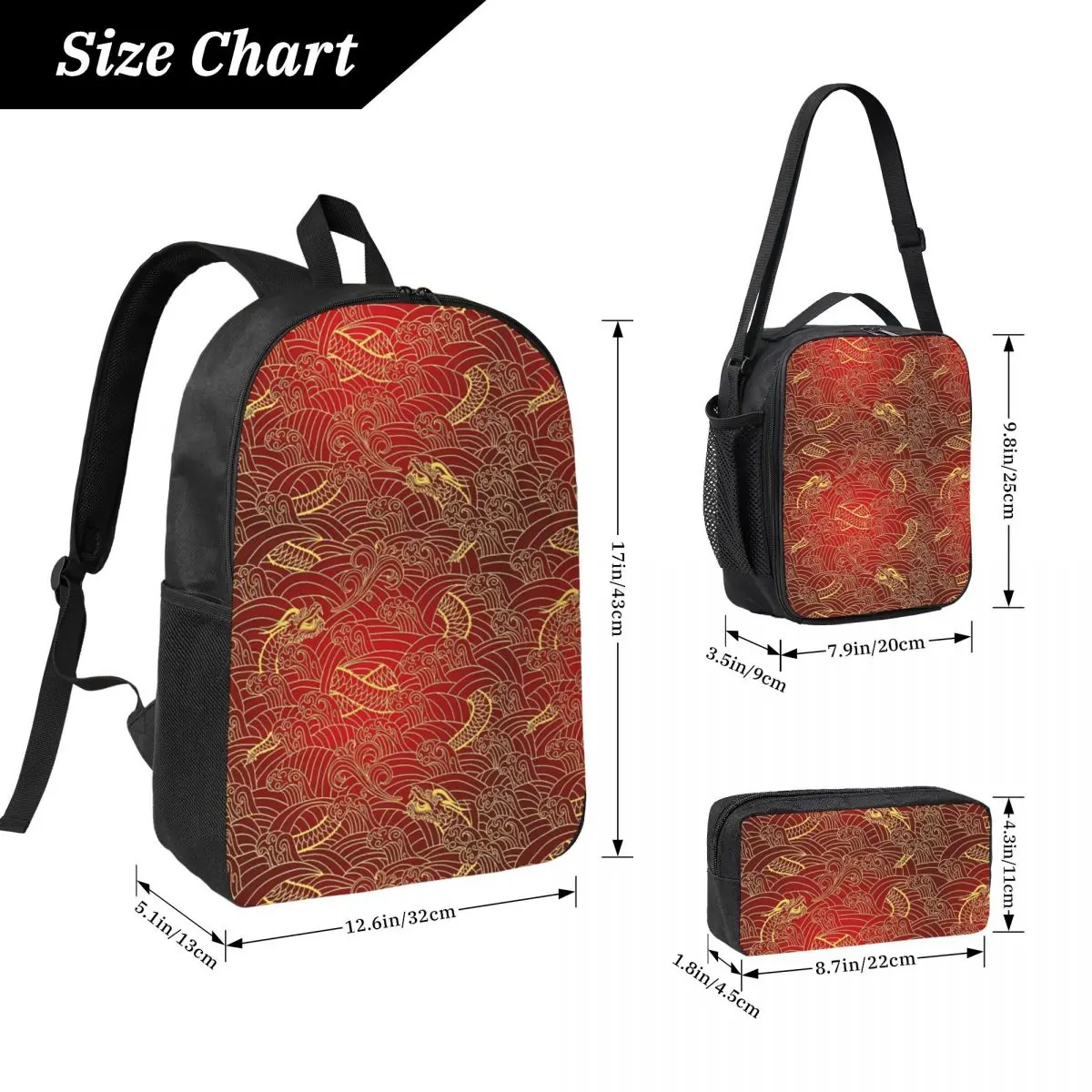 Gold Dragon Pattern Backpack Student Boys Girls BookBag School Bag Laptop Shoulder Bags 3ps Insulated Lunch Bag Pencil Case