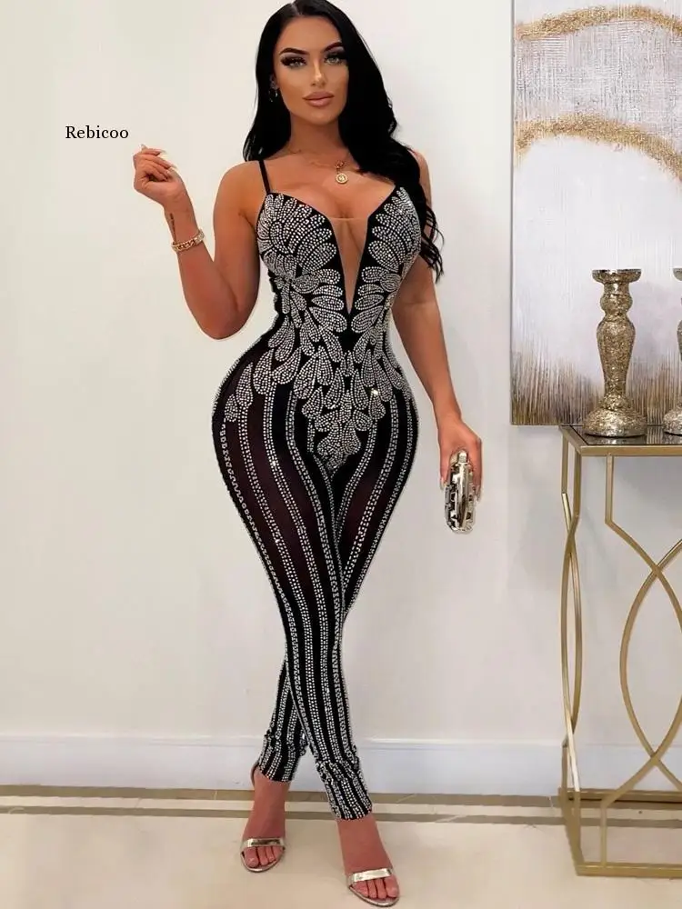 

Sexy Rhinestone Crystal Sheer Skinny Jumpsuits Women Strap Mesh Patchwork One Pieces Rompers Night Clubwear Outfits