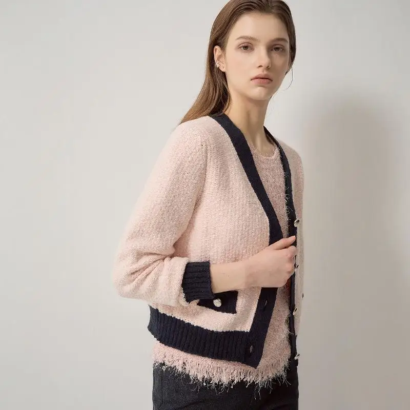 

New Autumn 2024 Gentle Color Knitted Open Cardigan Sweater V-Ne Knitwear Soft Tone Color Blo Design Ladies Faion Outerwear