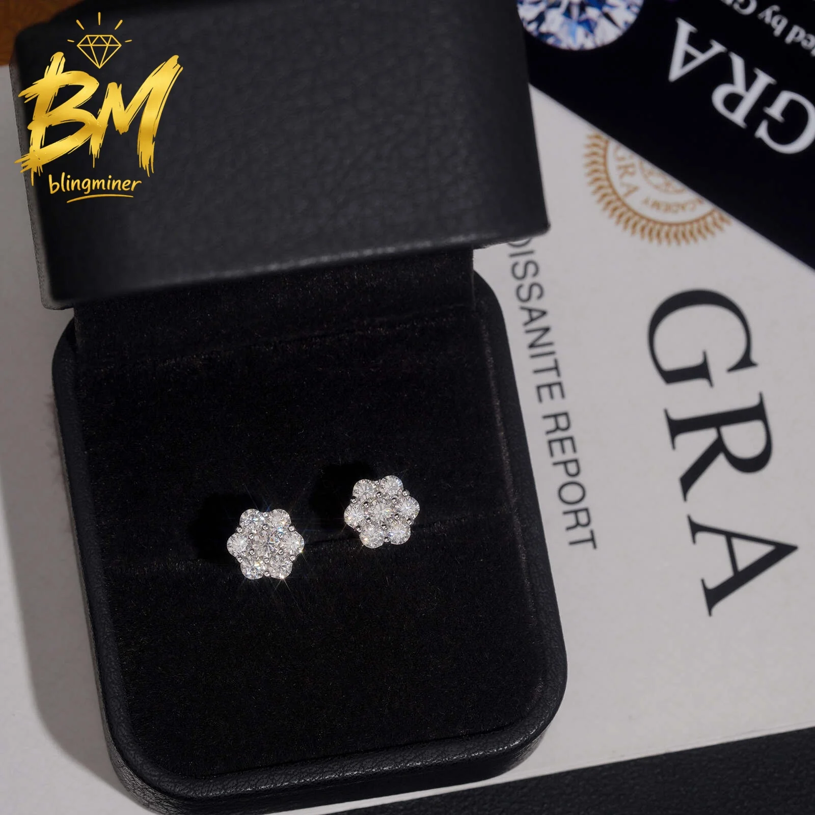 Blingminer 8mm Hot Sale Flower VVS Moissanite Earrings For Men Women S925 Silver Ear Studs Jewelry Pass Diamonds Tester GRA
