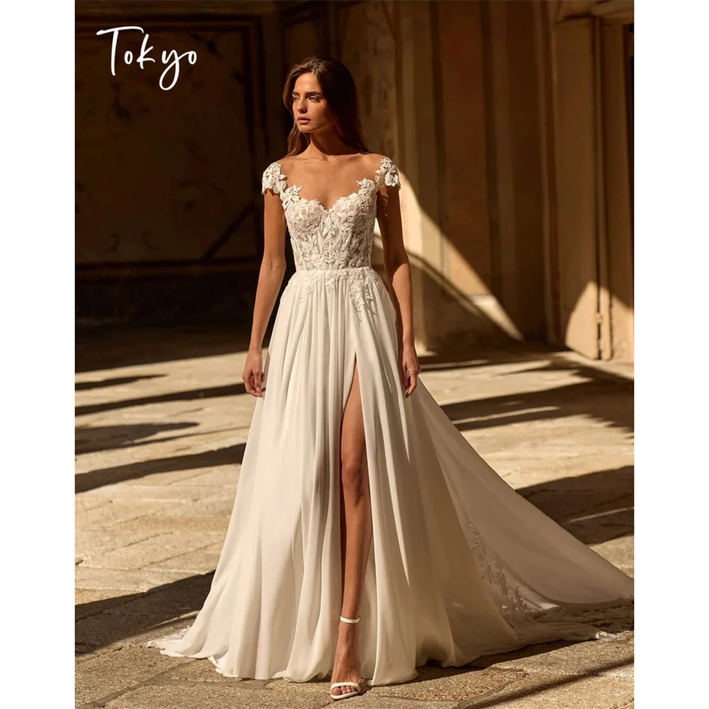 Tokyo Cap Sleeves Floral Lace Appliques High Slit Wedding Dress Boho Bridal Gown for Bride Beach Destination Wedding Gowns 2026