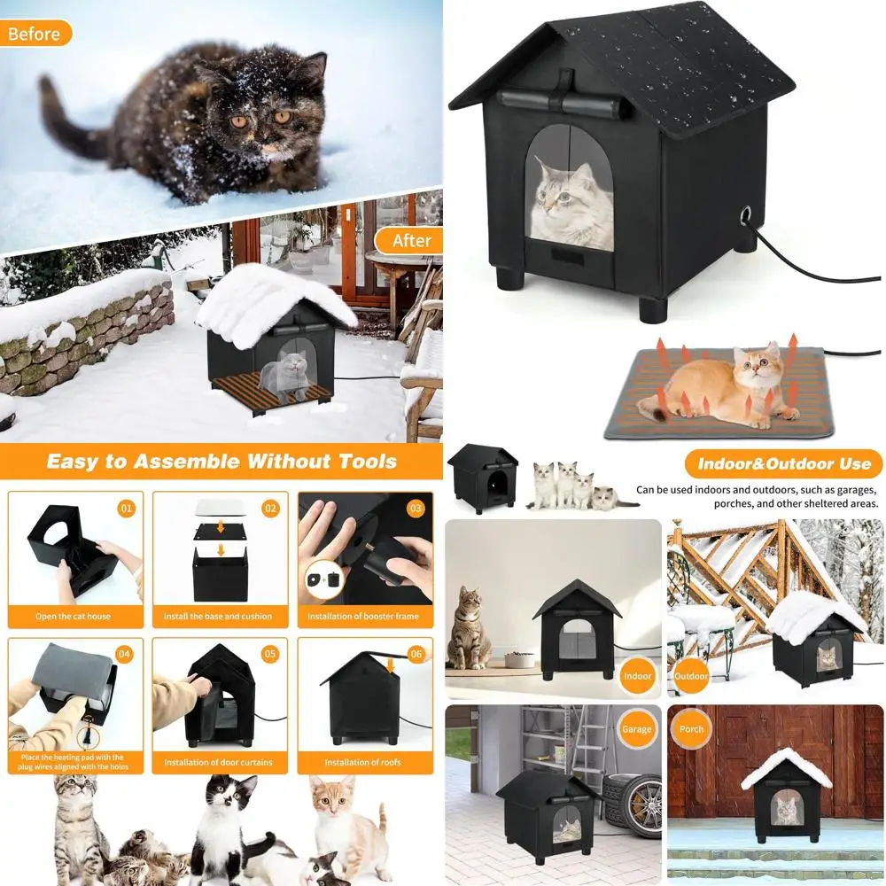 

Утепленный водонепроницаемый уличный домик для кошек с удобной дверцей для средних питомцев (черный, 15.6x19.3x20.6)