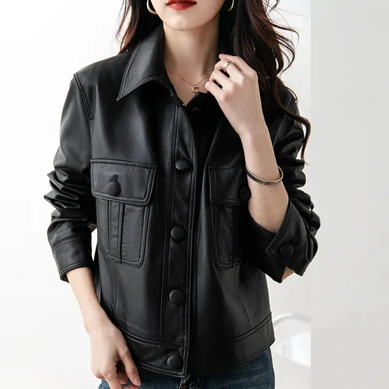 Spring Autumn Short Leather Jacket Women\'s 2023 New Slim Outerwear Square Collar Straight Trend Small Fragrance Coat Ladies Tops