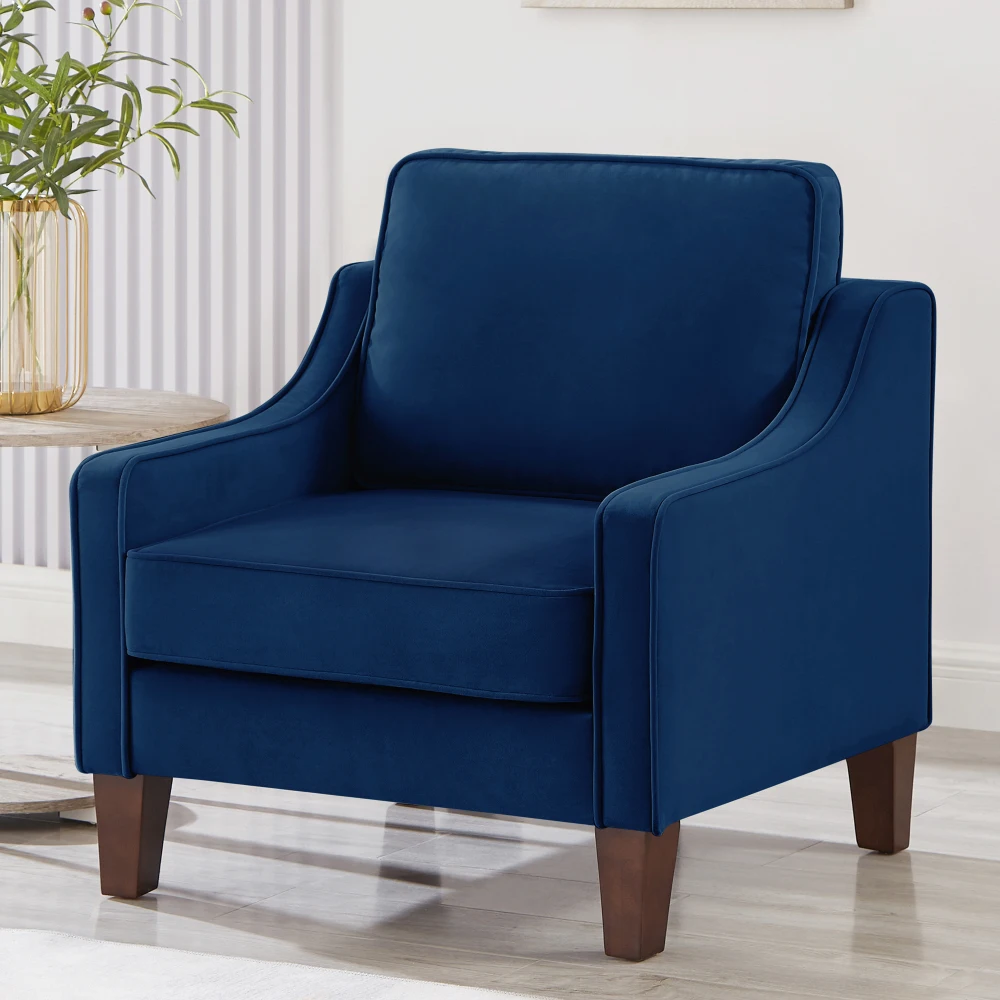 

Modern armchair, single seat in living room, wooden legs, upholstered velvet chair