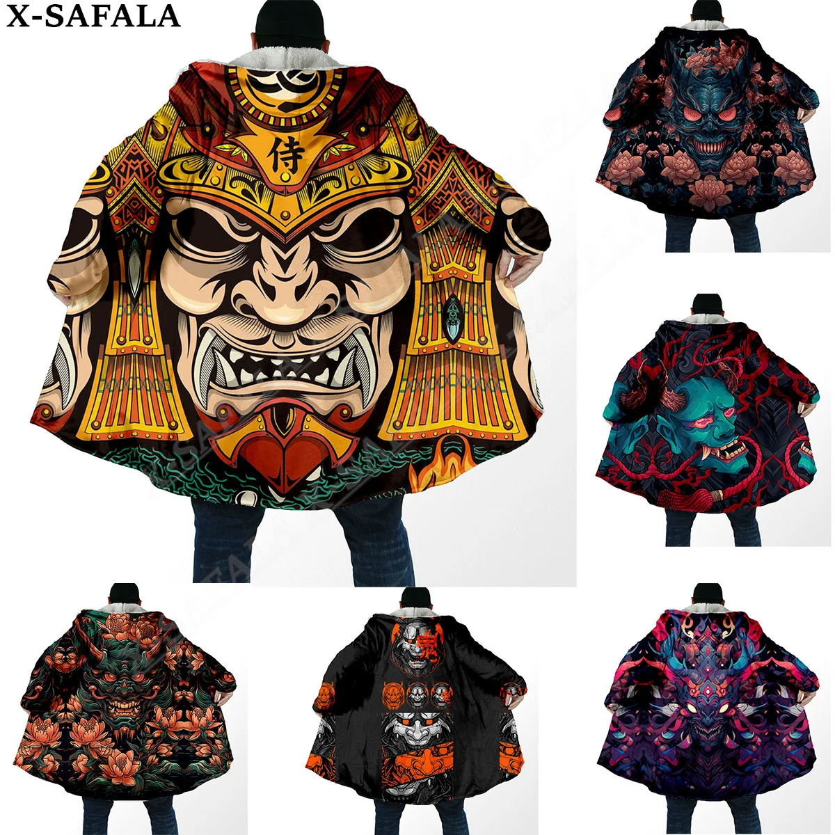 

Japanese Samurai Oni Mask Tattoo Warrior Overcoat Coat 3D Print Thick Warm Hooded Cloak Men Windproof Fleece Unisex-1