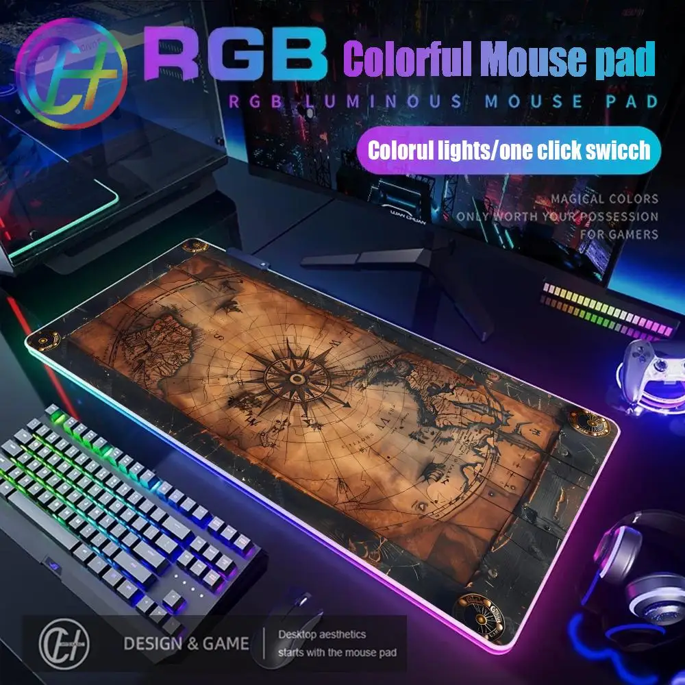 

HD HYBXAXC Mouse Pad RGB Gaming Mouse Pad Desk Mat HD Gamer Large LED Light XXL Vintage Steampunk Compass Design RGB Mouse Pad