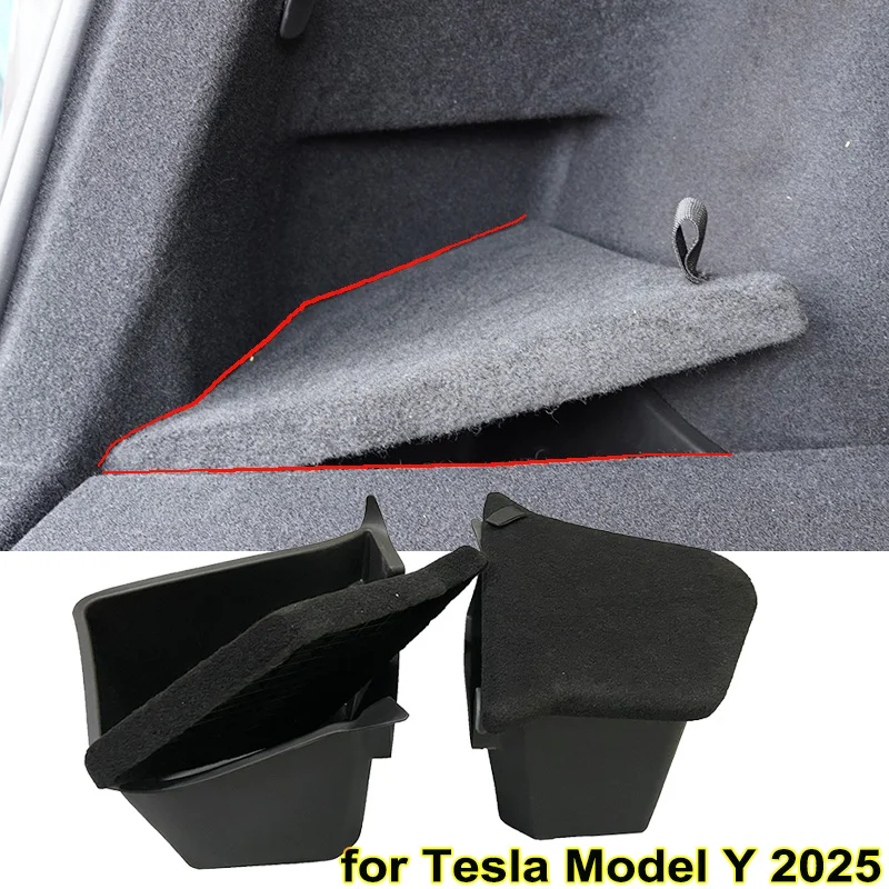 for Tesla New Model Y Juniper 2025 Rear Trunk Side Storage Organizer Box with Cover Left Right Tidying Packet Bins Accessories