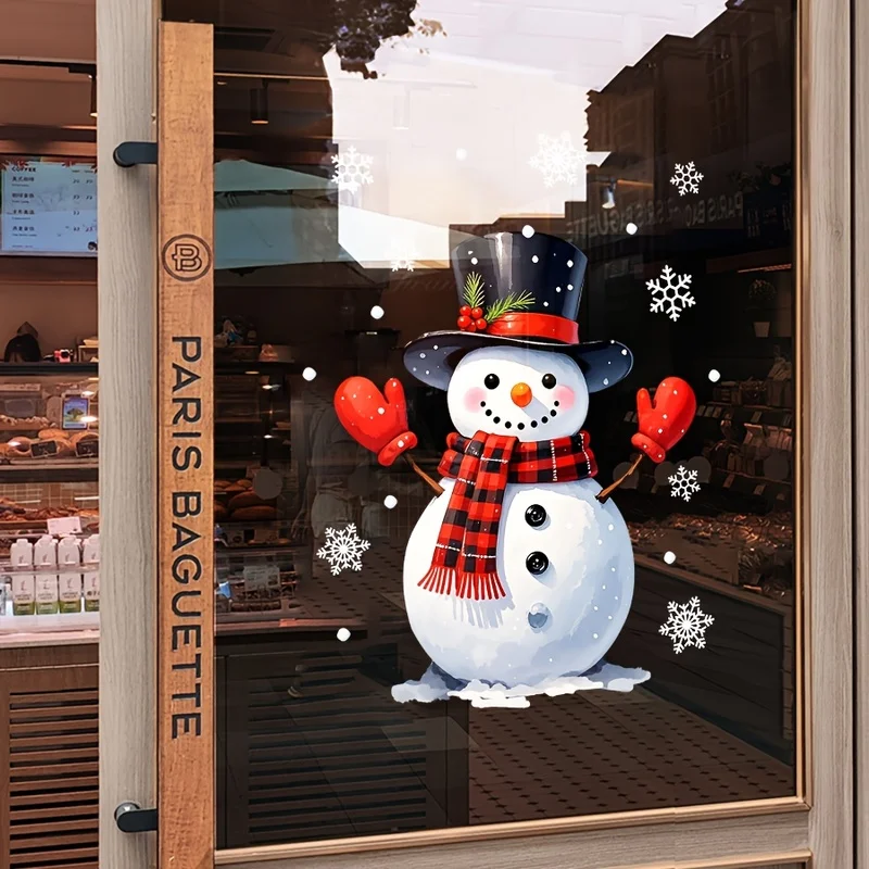 Christmas Window Cling, Static Sticker, Christmas Snowman, White Snowflake,Christmas Hat Elements Glass Sticker,for Home Windows