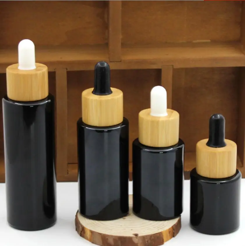 

20ML black glass dropper bottle bamboo lid essential oil serum toner spot removal liquid hyaluronic acid skin care packing