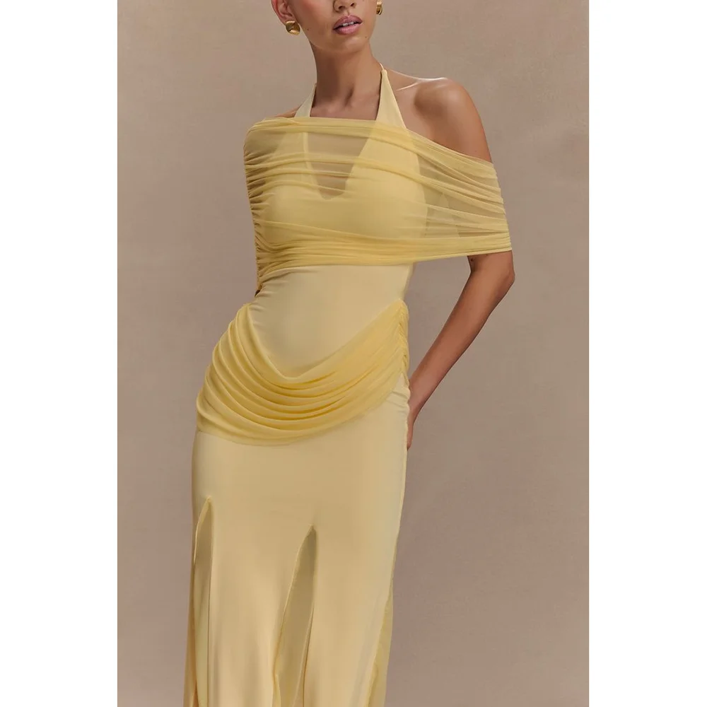 

Yellow Halter A-Line Ankle-Length Evening Dress For Women Patchwork Backless Sleeveless Graduations Party Dress