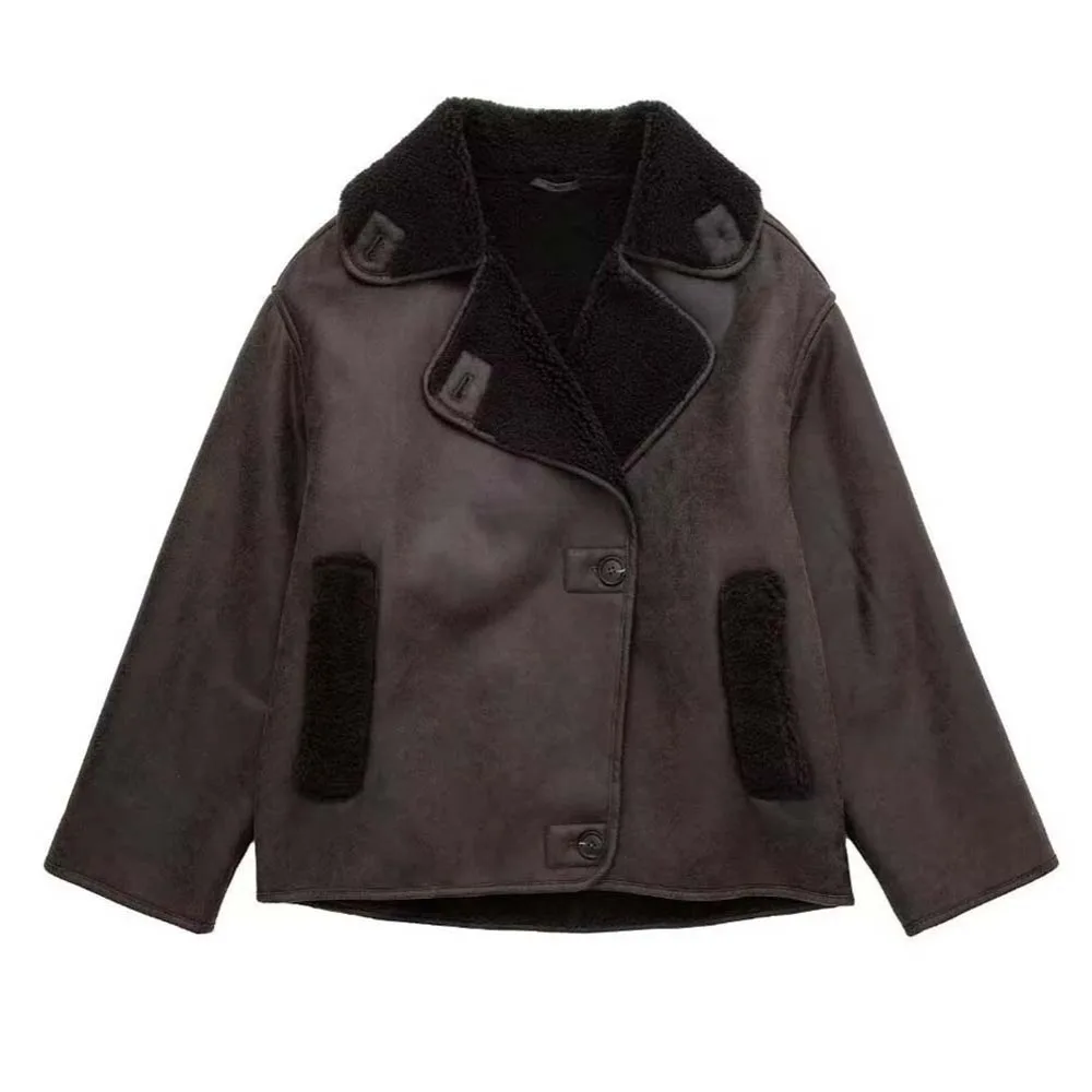 

Streetwear Women Leather Jackets Long Sleeve Korean Style Clothes Plush Jacket Coats Coffee Color Warm Leather Outerwear Girls