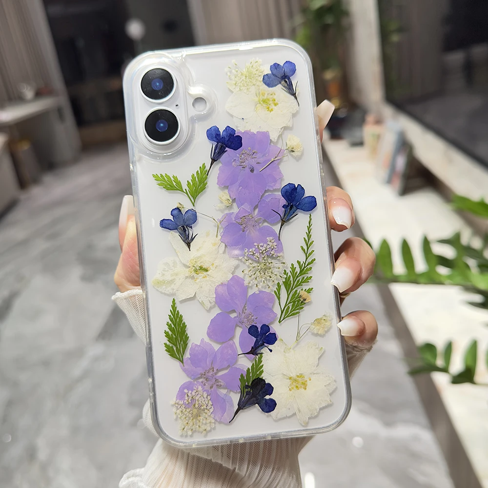 Luxury True dried flowers Phone Case For iPhone 16 15 14 13 12 11 Pro X XS XR Max 7 8 plus 6 6s Shockproof Soft Silicone Cover