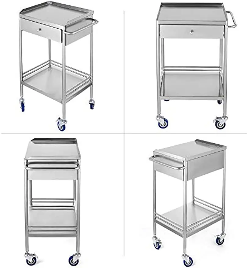 Medical Carts 2 Layers Household Utility Stainless Steel with Drawers Lab with Wheels Mobile Trolley