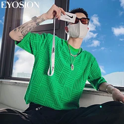 Men Summer T-shirt Luxury New Green Design Three-dimensional Towel Weave Pattern Casual Basic Solid O Neck Shirt Tee Top