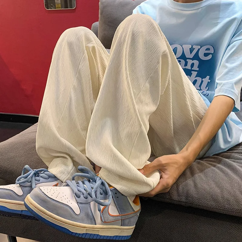 

Men's Ice Silk Casual Pants Loose Straight Wide Leg Long Trousers Versatile Faionable Boys' Summer Breathable Loose Fit