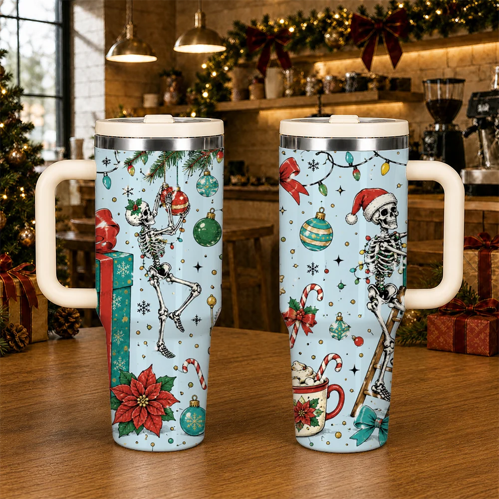 Christmas Skeleton Party Vacuum Flasks 40oz Large Capacity Tumbler with Handle Straw Lid Insulated Stainless Steel Travel Mug