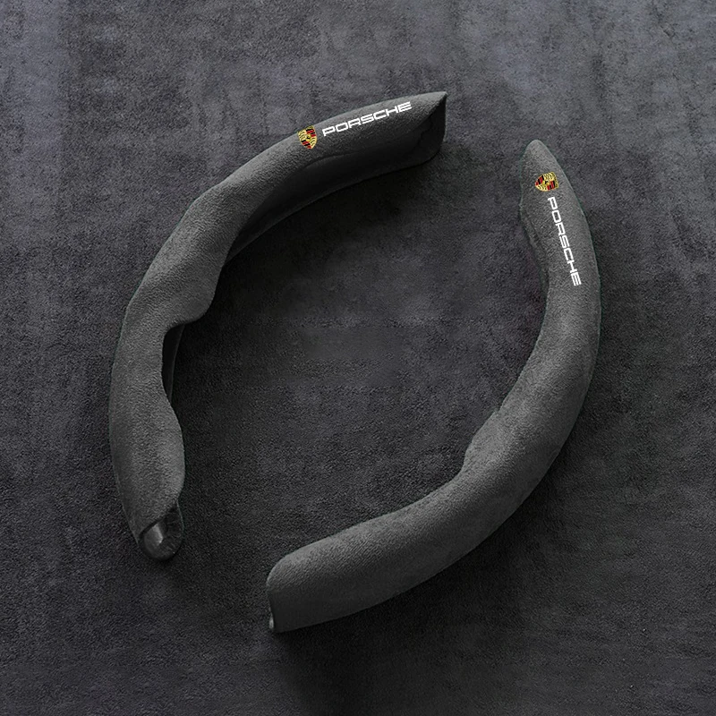 2PCS Suede Car Logo Steering Wheel Cover Anti-Slip Protection Sleeves For Porsche 911 918 Taycan Panamera Cayenne Boxster Cayman