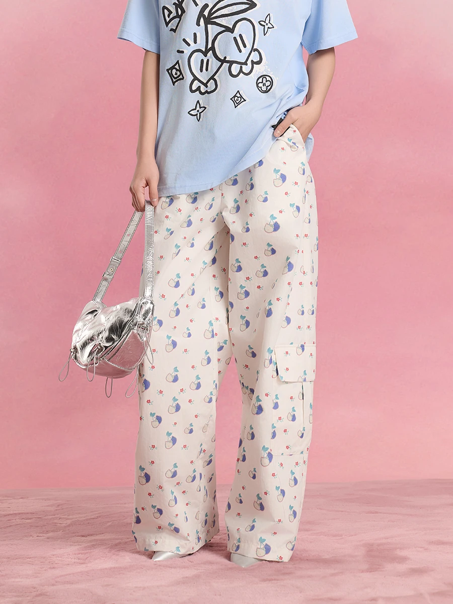 

SOFITTE Loose Straight Leg Casual Pants Men's Trendy Hand-Painted Cherry Print Comfortable Casual Trousers for Commute