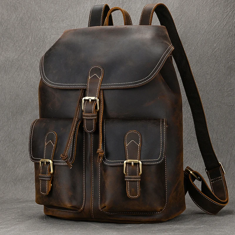 Mochila de cuero Crazy Horse para ordenador de negocios, bolso de viaje para hombre y mujer, mochila de cuero para hombre, bolso antirrobo de diseñador para hombre y mujer