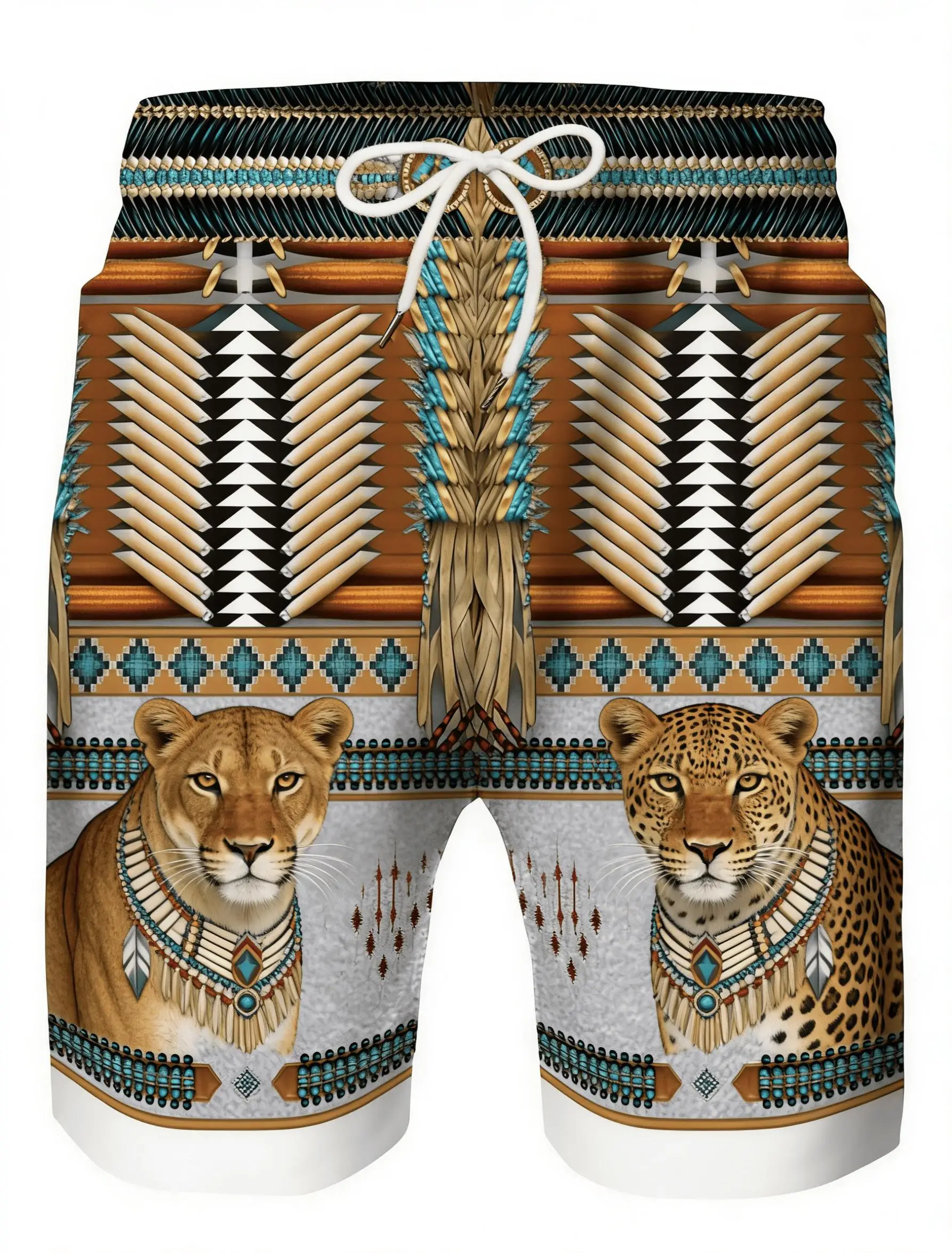 Men's Ethnic Print Drawstring Shorts, Spring Summer Bohemian Casual Knee Pants, Loose Beach Shorts