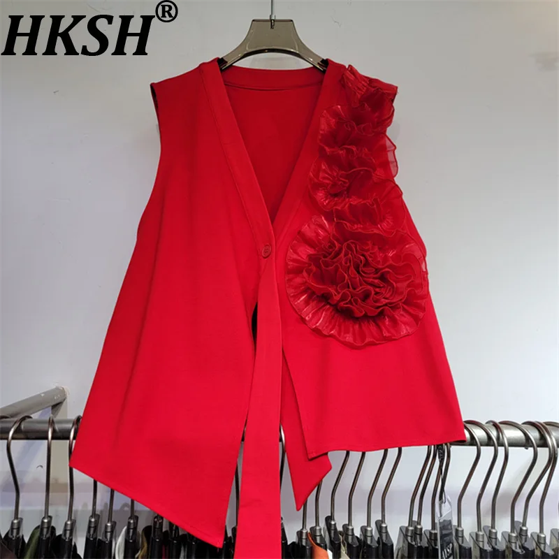 HKSH Women Waistcoat Heavy Sweet Three-dimensional Flower Spliced Design V-Neck Single Button Irregular Sleeveless Vest HK27485