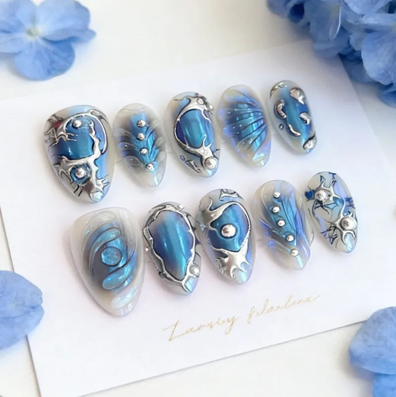 

24PCS Y2k Blue Blush Almond Press on Nails Metallic Silver Patterns Ripples French Fake Nails for Women Sweet Cool Manicure Nail