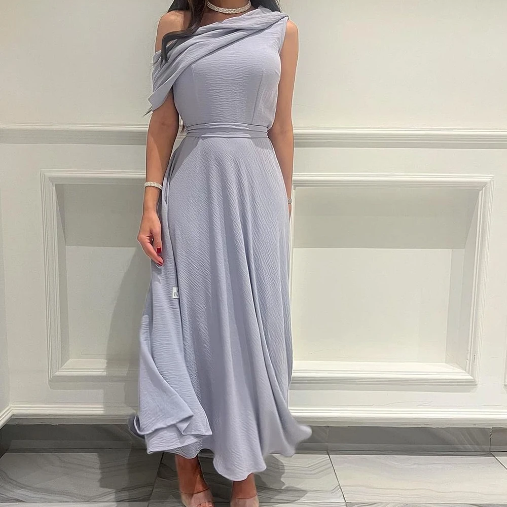 

Customized Temperament Draped Boat Neck Ankle Length A-Line Evening Dress High Quality Chiffon Off The Shoulder платье вечернее