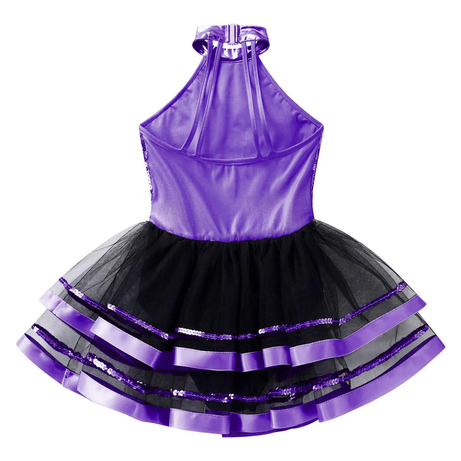 Kids Girls Sequins Dance Dress Mesh Stylish Clothing Sleeveless Round Neckline Sparkling Sequins Decorated Straps Hollow Back