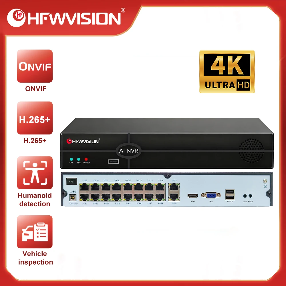 HFWVISION 4K POE NVR 16-канальный видеорегистратор с выходом HDMI VGA, аудиовыходом, H265, Onvif, AI, IP, для систем видеонаблюдения CCTV