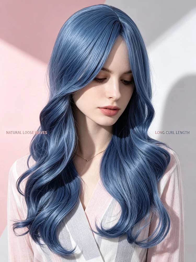 Synthetic 22 Inch Curtain Bangs Blue Wavy Long Curly Hair Wig Halloween Cosplay Heat Resistant Fiber Hair Accessories