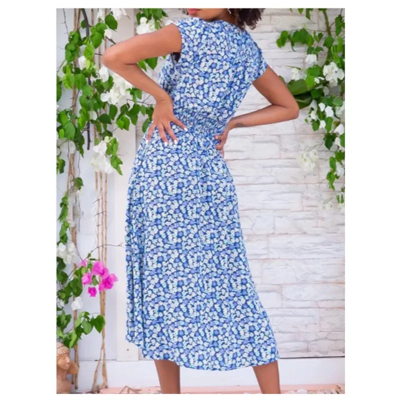 2025 Abito da donna con scollo a V bohémien con tasca stampata floreale Estate Nuovo abito lungo a trapezio elegante a maniche corte a vita media Y2k