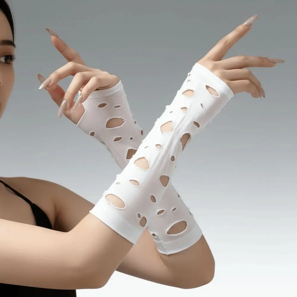 Long Mittens Ripped Arm Warmers Black Hollow Fingerless Gloves Elastic Breathable Hand Sleeves Rave
