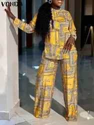 VONDA-Conjunto de pantalón largo y top de manga larga para mujer, ropa de calle informal con estampado elegante, conjuntos a juego de gran tamaño, Otoño, 2024