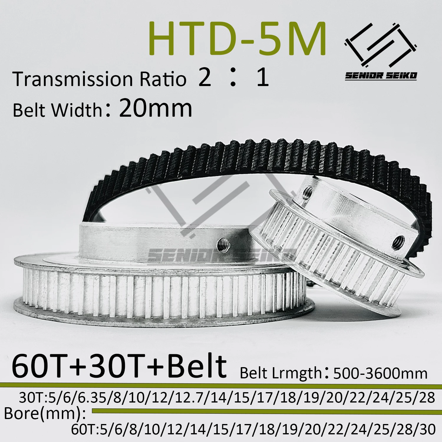 HTD5M 60Teeth 30T Timing Pulley Belt Set Belt Width 20mm Bore 5~30mm Reduction 2:1 Deceleration 5M Pulley Kit Synchronous Wheel